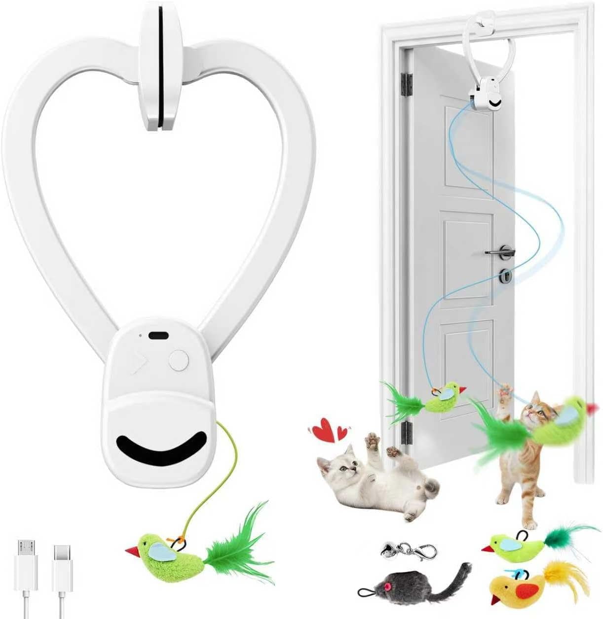 Interactive Cat Toys for Indoor Cats - Automatic Flying Bird & Mouse Doorway Hanging Toy, USB Rechargeable Electric Kitten Toy for Hunting Instinct, Enrichment & Exercise, 2 Birds & 1 Mouse