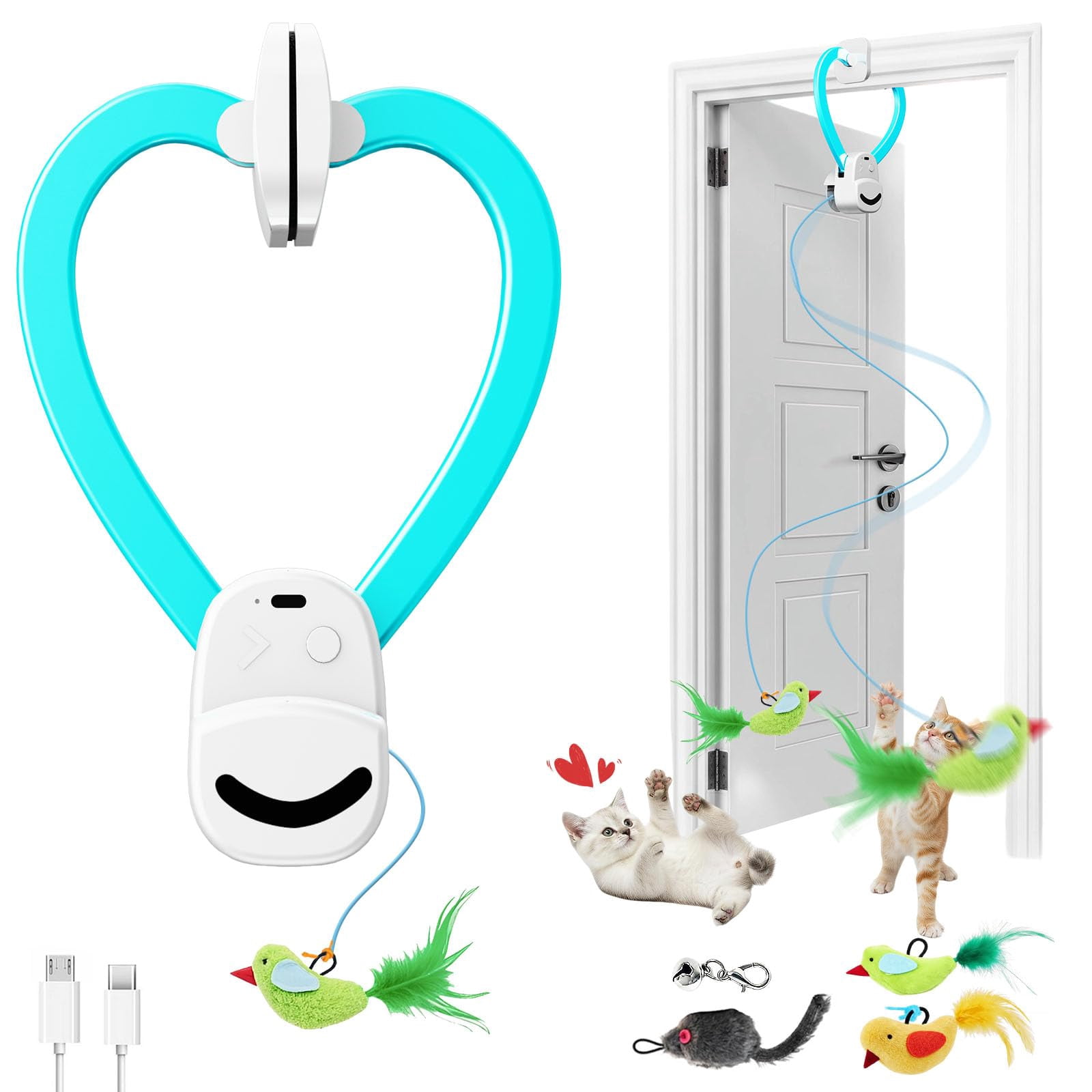Interactive Cat Toys For Indoor Cats - Automatic Flying Bird & Mouse Doorway Hanging  Usb Rechargeable Electric Kitten Instinct Enrichment Exercise 2 Birds 1