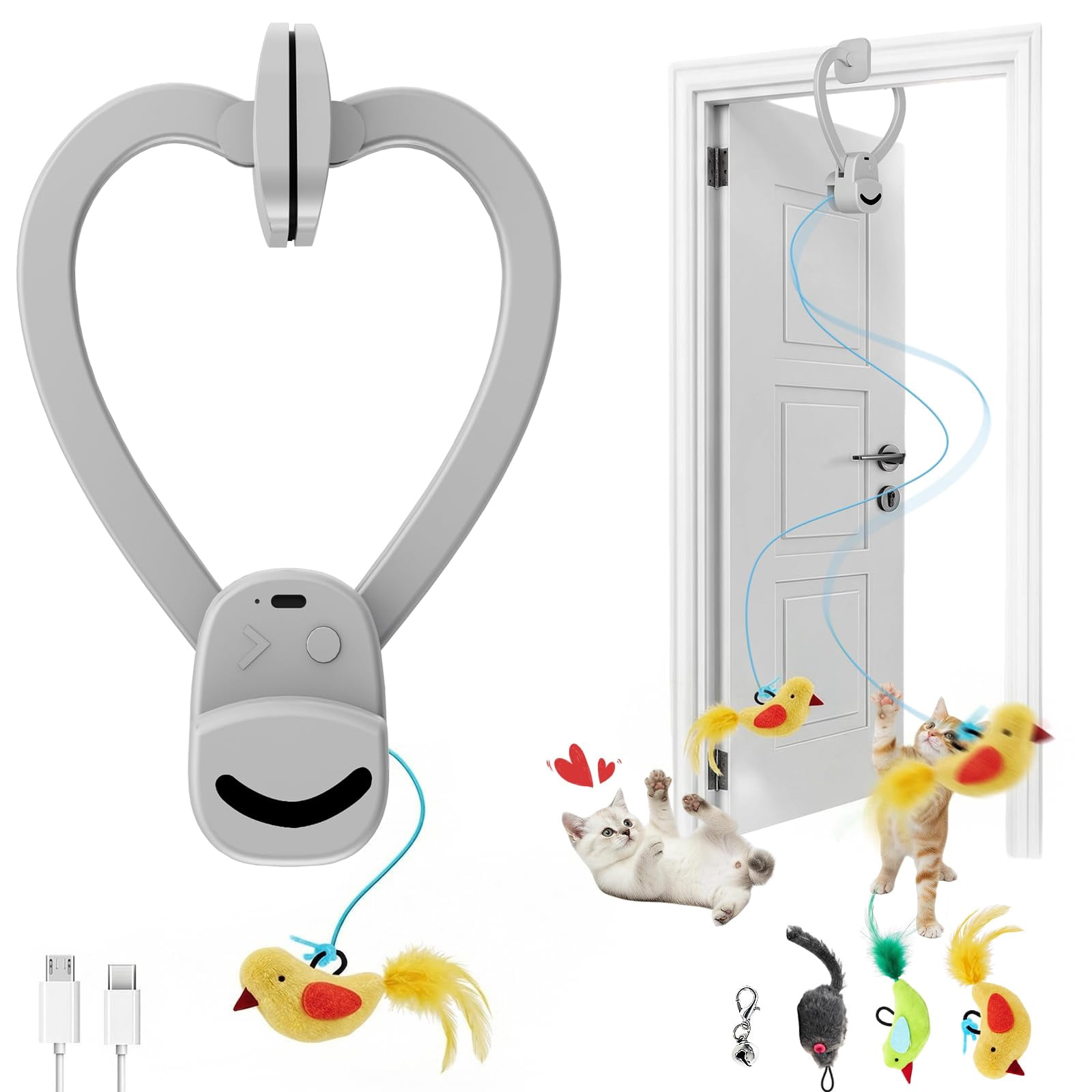 Interactive Cat Toys For Indoor Cats - Automatic Flying Bird & Mouse Doorway Hanging  Usb Rechargeable Electric Kitten Instinct Enrichment Exercise 2 Birds 1