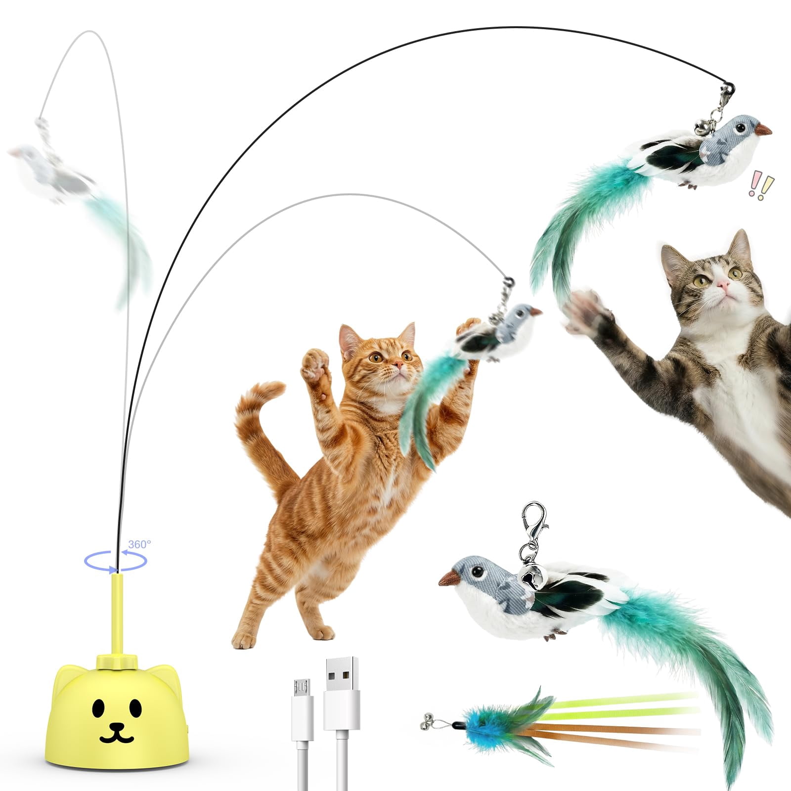 Interactive Cat Toys For Indoor Cats - Automatic Flying Bird  Usb Rechargeable Electric Teaser With Strong Sticky Base Smart Motion Self-play Bored Cats(yellow)