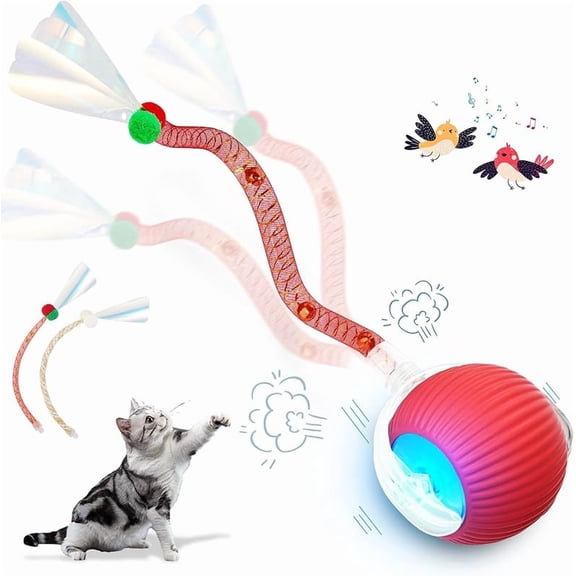Interactive Cat Toys with Elastic Mesh Tail, Automatic & Chirping Motion Activate, Red