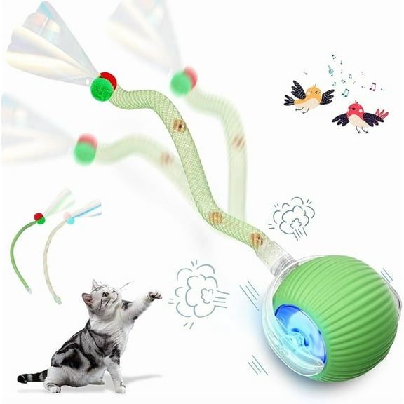 Interactive Cat Ball Toy with Elastic Mesh Tail, Automatic & Chirping Cat Toys (Green)