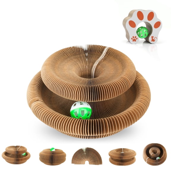 Interactive Cat Toys for Indoor Cats, Magic Organ Scratching Post with Bell Ball, Durable Cardboard Scratcher Pad for Exercise and Play, Compact Storage Design, Brown