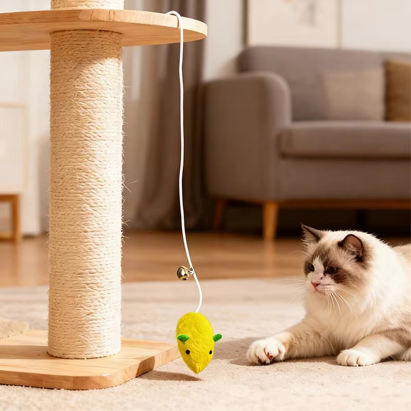 Interactive Cat Toys for Indoor Cats, Plush Mouse with Catnip & Bell, Elastic Rope for Self-Playing Fun, Kitten Teething Toy, Easter Gifts for Cats Yellow