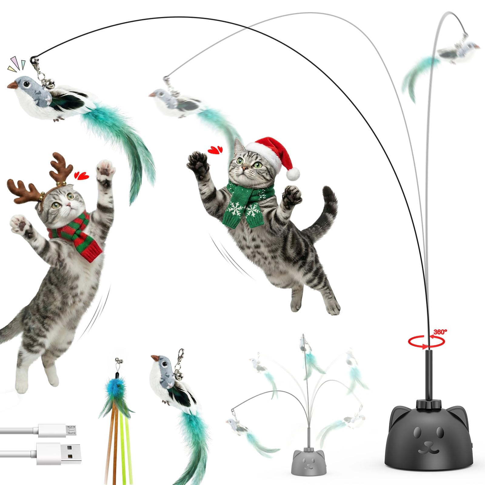 Interactive Cat Toys For Indoor Cats: Upgraded 360° Automatic Spin Flying Bird Wand With Silicone Protected Rod Safe Play  Strong 8cm Suction Cup Usb-rechargeable Bored Kittens And Adult