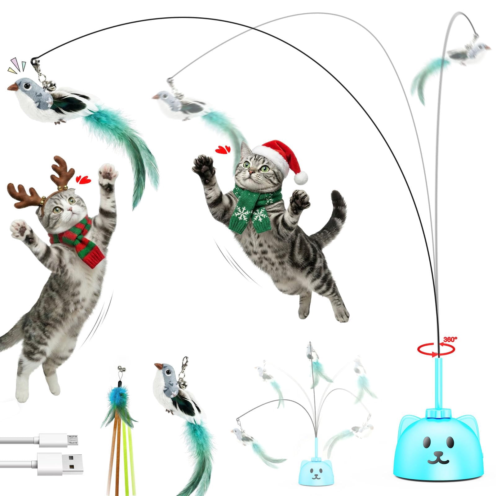 Interactive Cat Toys For Indoor Cats: Upgraded 360° Automatic Spin Flying Bird Wand With Silicone Protected Rod Safe Play  Strong 8cm Suction Cup Usb-rechargeable Bored Kittens And Adult