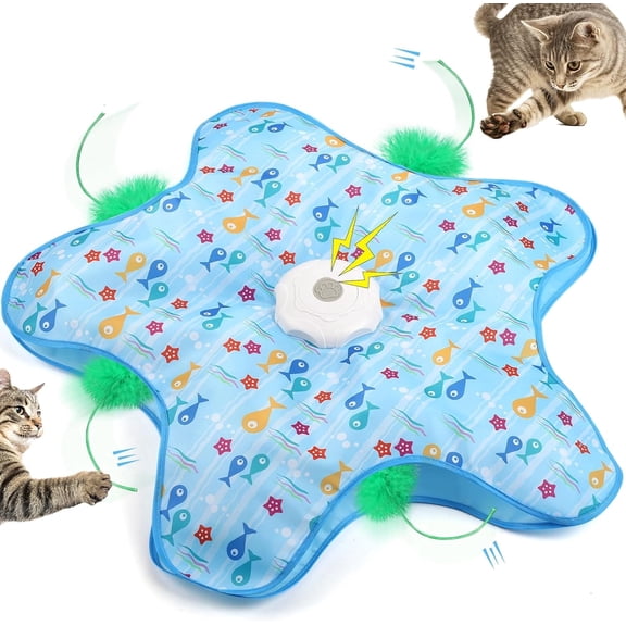 Interactive Cat Toys for Indoor，[Newly Upgraded] Rechargeable Touch Activated Hide and Seek Kitten Toys With Moving Concealed Feathers & Mouse Squeaky.(Blue)