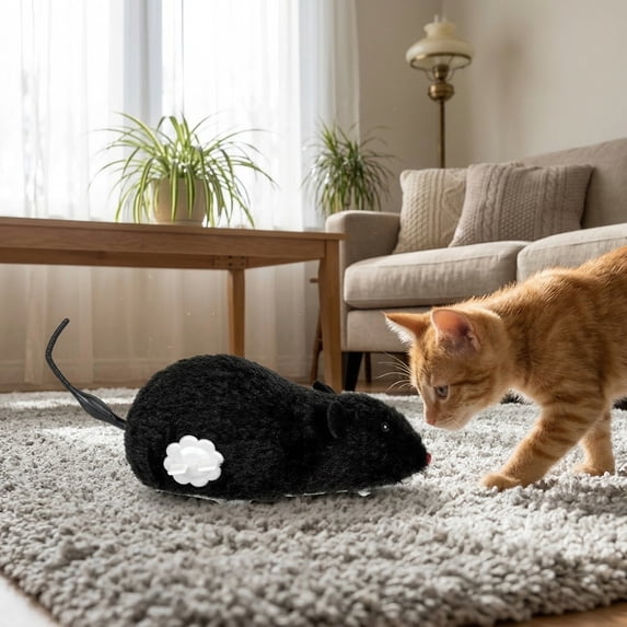 Interactive Cat Toys, Interactive Cat Toys for Indoor Cats, Black Cat Plush, Catnip Toys Mouse, 6X2X2 in Plush Fabric Self-Moving Wind-Up Mechanism Mouse That Hops, Wags Tail to