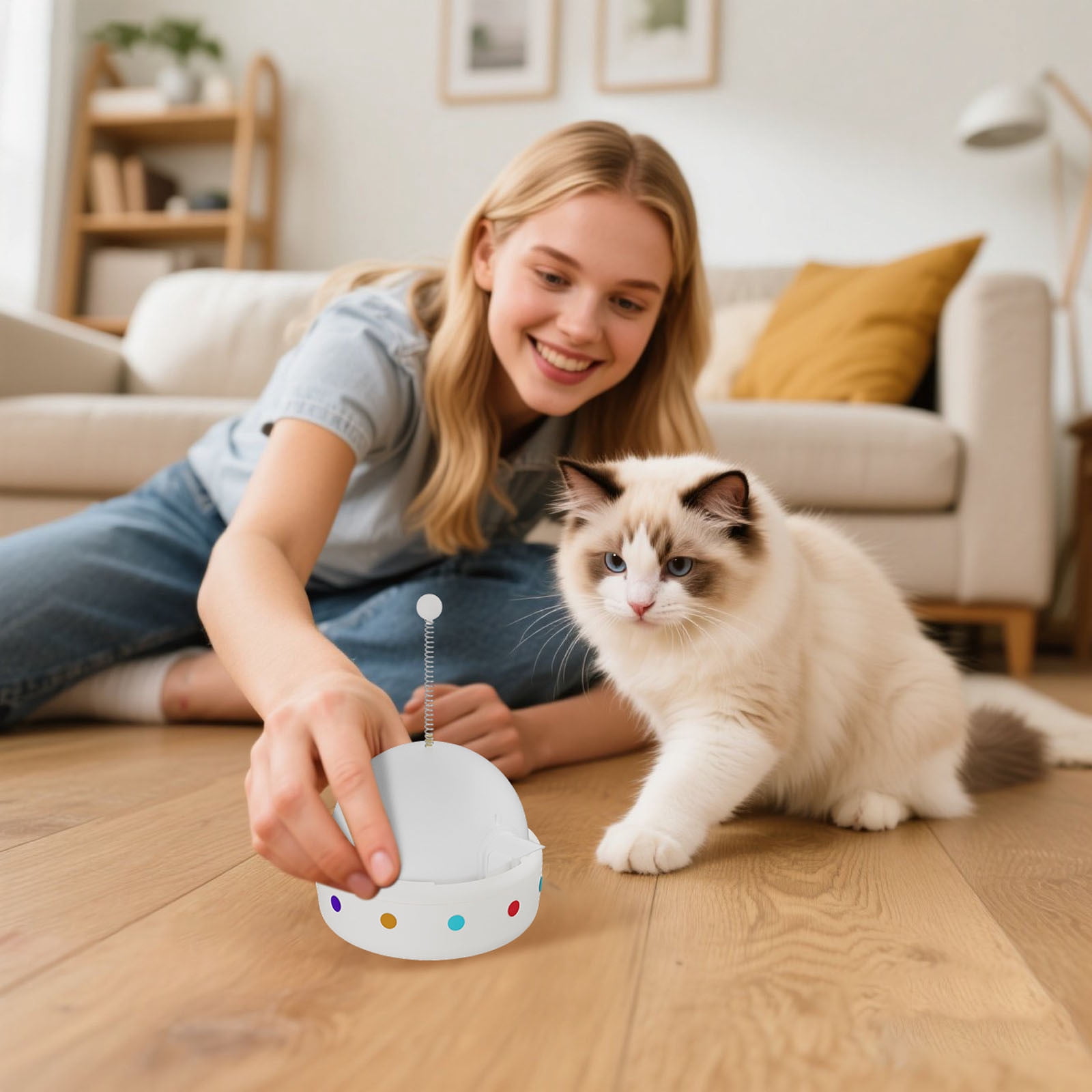 Interactive Cat Treat Dispenser Toy Cute Puzzle Feeder with Spring Wand Slow Feeder for Indoor Cats Kittens Enrichment Play