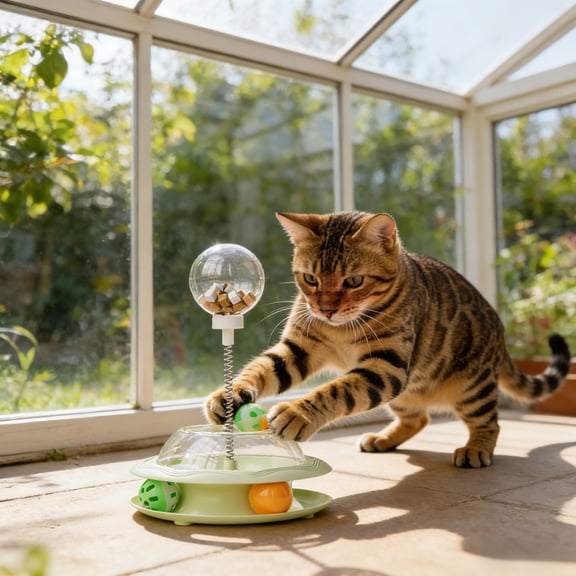 Interactive Cat Treat Dispenser Toy, Self-Righting Tumbler Ball with Feather & Bell, Automatic Reset Puzzle Feeder for Indoor Cats