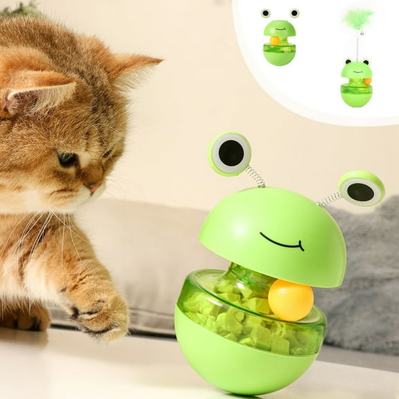 Interactive Cat Treat Dispenser Tumbler Toy | Green Wobble Feeder with Feathers, Durable Plastic | 5.1" Slow Food Leaker, Boredom Relief, Exercise, Indoor Pet Enrichment