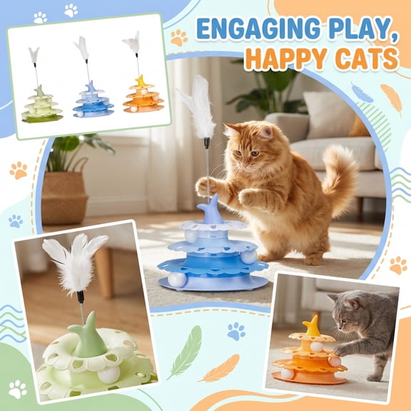 Interactive Cat Turntable Toy With Feather Wand, Multi-Layer Puzzle Track For Indoor Cats, Self-Entertainment Boredom Relief, 3-Tier Design