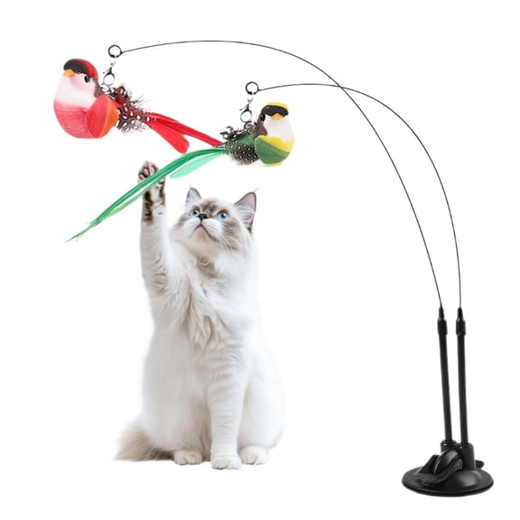Interactive Cat Wand - Toy with Suction Cup, Removable Chirping Bird, Teething Agility Play | Solo Calming Foraging Entertainment Kitten Exercise Activity Fun Pet Indoor Training Accessory