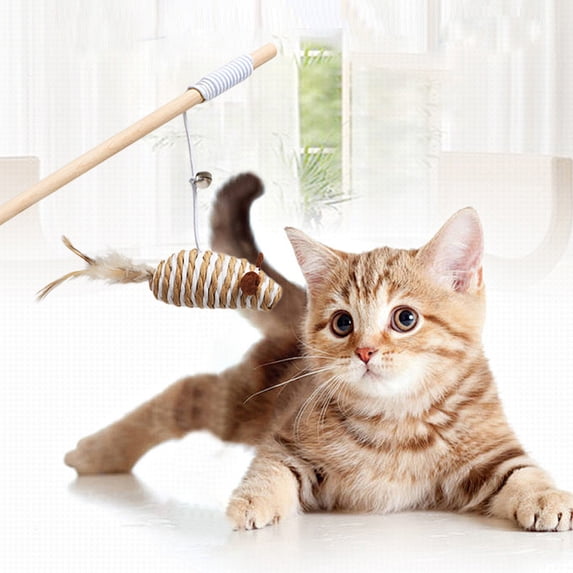 Interactive Cat Wand Toy with Natural Wood Handle, Elastic String, Linen and Bell, Durable Teaser for Indoor Cats