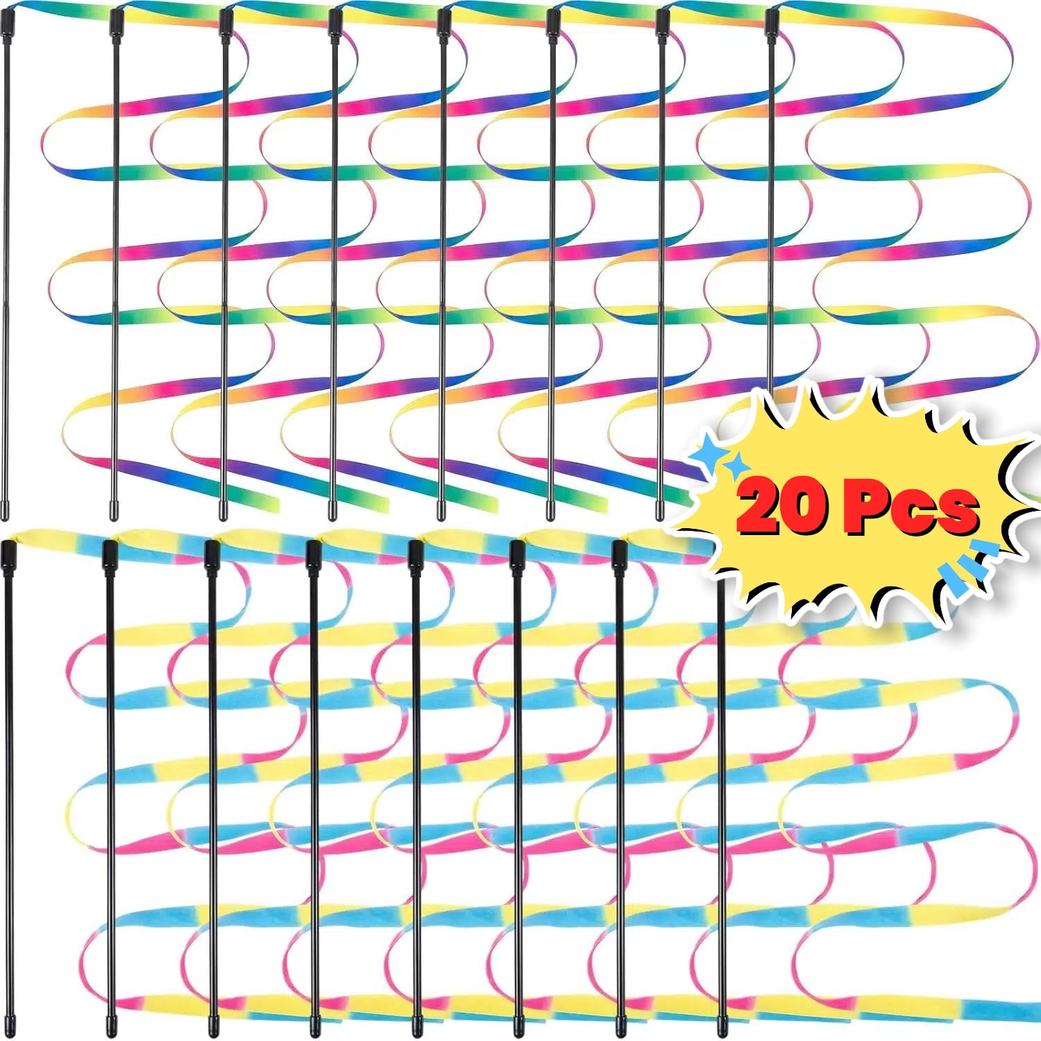 Interactive Cat Wand Toys Interactive Cat Teaser Wand String Ribbon Rainbow Charmer for Cats and Kittens - 20Pcs
