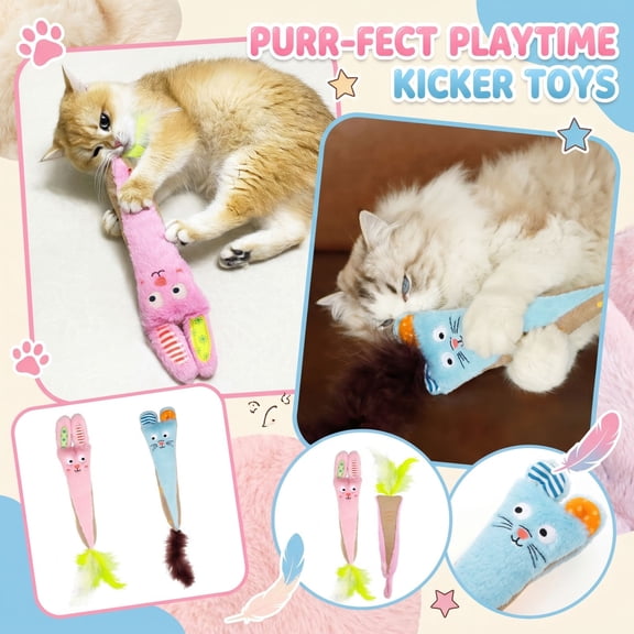 Interactive Catnip Cat Toy for Daily Boredom Relief, Cute Bunny Shaped Elongated Kicker Doll with Feather Tail for Indoor Kittens, Active Agility Training Pouncing Hunting Game Toy