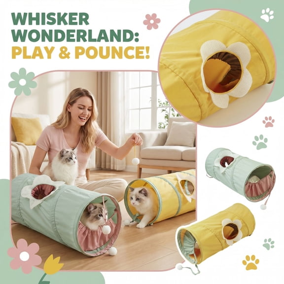 Interactive Cats Tunnel Toy for Boredom Relief, Foldable Spiral Tube with Flower Peek Holes and Hanging Ball for Indoor Kittens, Stable Independent Physical Exercise Hunting Game Tunnel