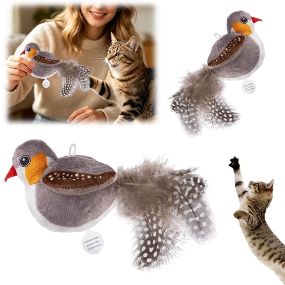 Interactive Chirping Bird Cat Toy with Electronic Sounds Feathers, Automatic Self Play Exercise Toy for Indoor Cats Kittens, Soft Feathered Bird Design with Catnip Realistic Sounds