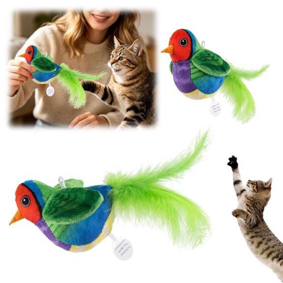 Interactive Chirping Bird Cat Toy with Electronic Sounds Feathers, Automatic Self Play Exercise Toy for Indoor Cats Kittens, Soft Feathered Bird Design with Catnip Realistic Sounds