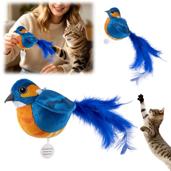 Interactive Chirping Bird Cat Toy with Electronic Sounds Feathers, Automatic Self Play Exercise Toy for Indoor Cats Kittens, Soft Feathered Bird Design with Catnip Realistic Sounds