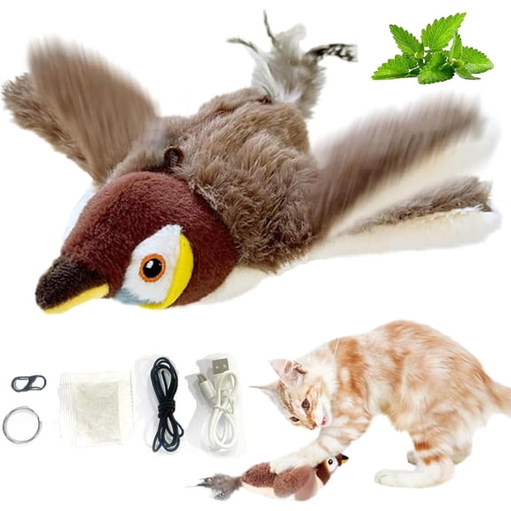 Interactive Chirping Bird Cat Toys with Flapping Wings, 2025 New Flying Birds Cats Toy, Flying Simulation Electric Sparrow Shaking Hunting Pet Toy for Indoor (Brown)