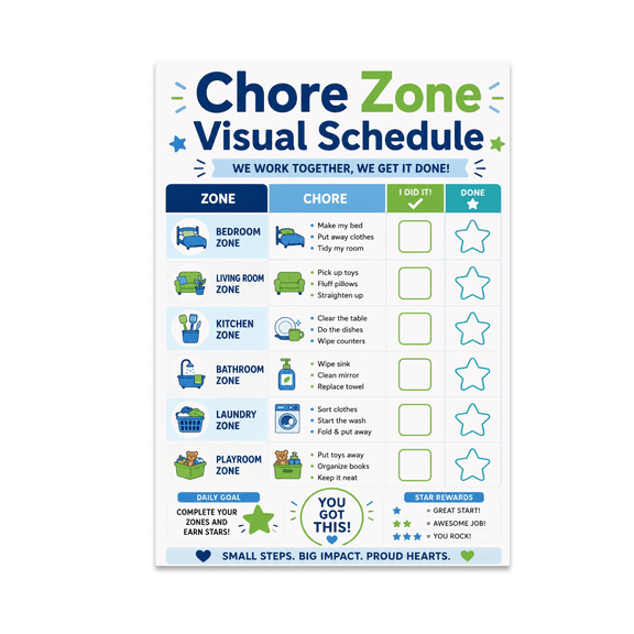 Interactive Chore Zone Visual Schedule - Family Organizer - 13x19 Poster Print