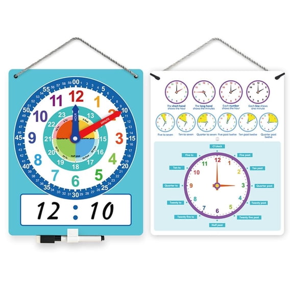 Interactive Clock Learning Model with Adjustable Arm Double Sided Erasable Time Teaching Chart For Preschooler