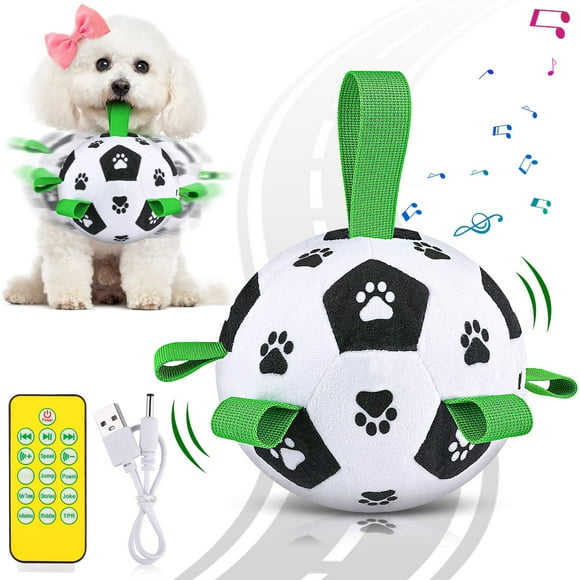 Interactive Dog Ball Plush Toy Soccer Ball with Rechargeable Jumping & Sound Device – 66 Songs, 7 Straps, Remote Control Included – Dog Enrichment Toy for Small & Medium Dogs - White & Black