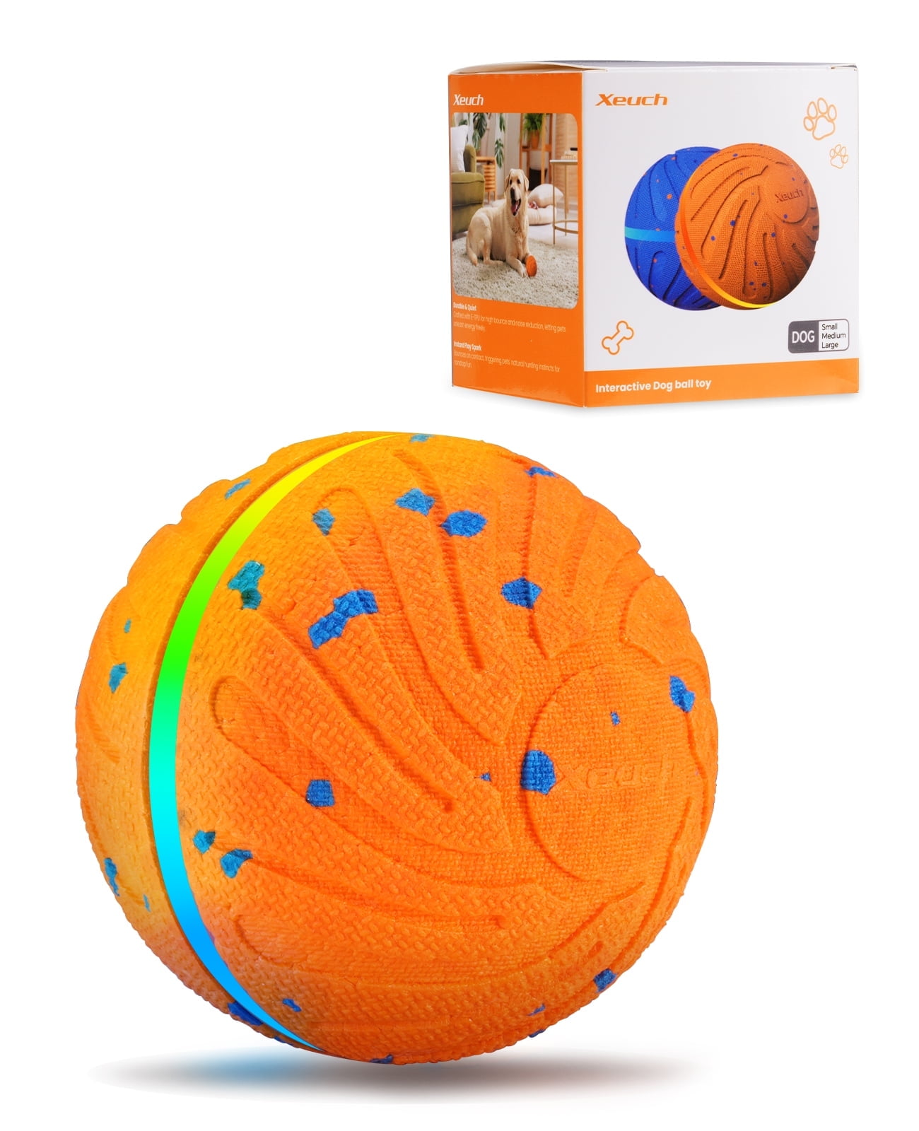 Smart Interactive Dog Toys, Automatic Moving Ball with 3 Lighting Modes, E-TPU Bouncy Balls for Dog Enrichment & Stimulation, Motion Activated Rolling Toy for All Dogs, Orange
