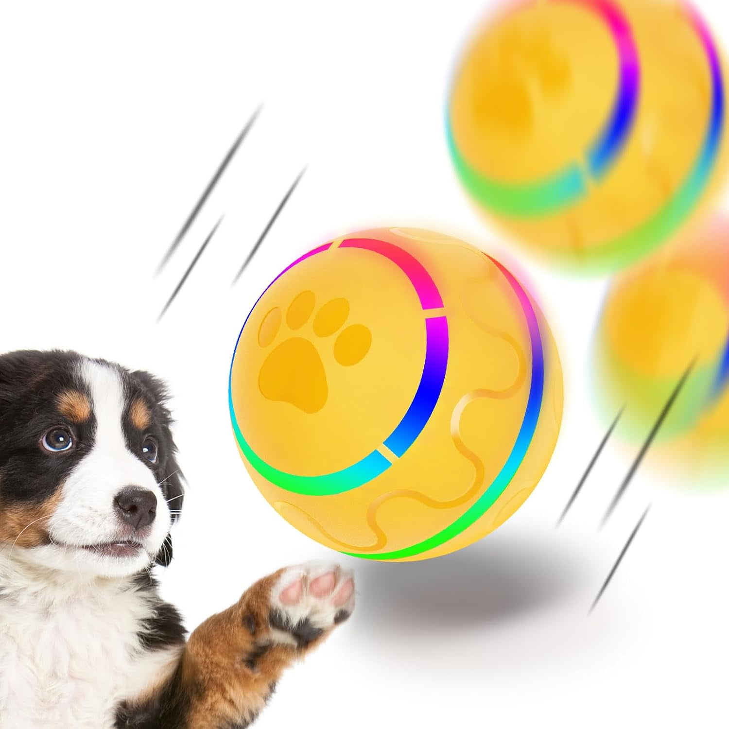 Interactive Dog Ball Toys, Pet Ball for Dogs, Durable Automatic Rolling Ball with Led, Flash Lights for Small Medium Dogs Breed, Wicked Ball with Motion Activat BPA-Free USB Rechargeable (Yellow)