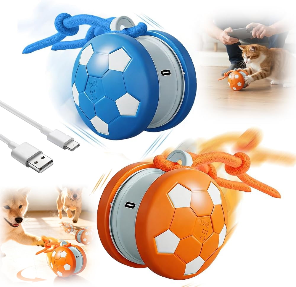 Interactive Dog Balls, Electric Moving and Rolling Enrichment Dogs Ball with Rope, Interactive Pet Ball for Small Medium Large Dogs, Rechargeable Motion-Activated Smart Dog Ball (Blue+Orange, 2Pcs)