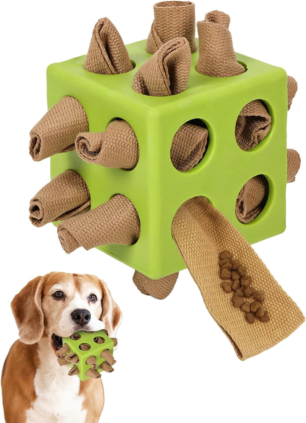 Interactive Dog Puzzle Toy for Natural Foraging Skills, Durable Snuffle Cube with Cloth Strips for Hide & Seek Treats, Slow Feeder for Mental Stimulation and Stress Relief in Green