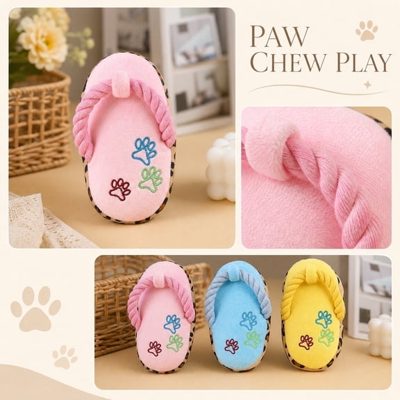 Interactive Dog Slipper Toys, Dog Toys Interactive, Relaxation for Dogs, Pet Chew Toys, 6X4 Inch Yellow Leopard Trim Plush Dog Toys with Woven Cotton Rope Border, Delivers Full
