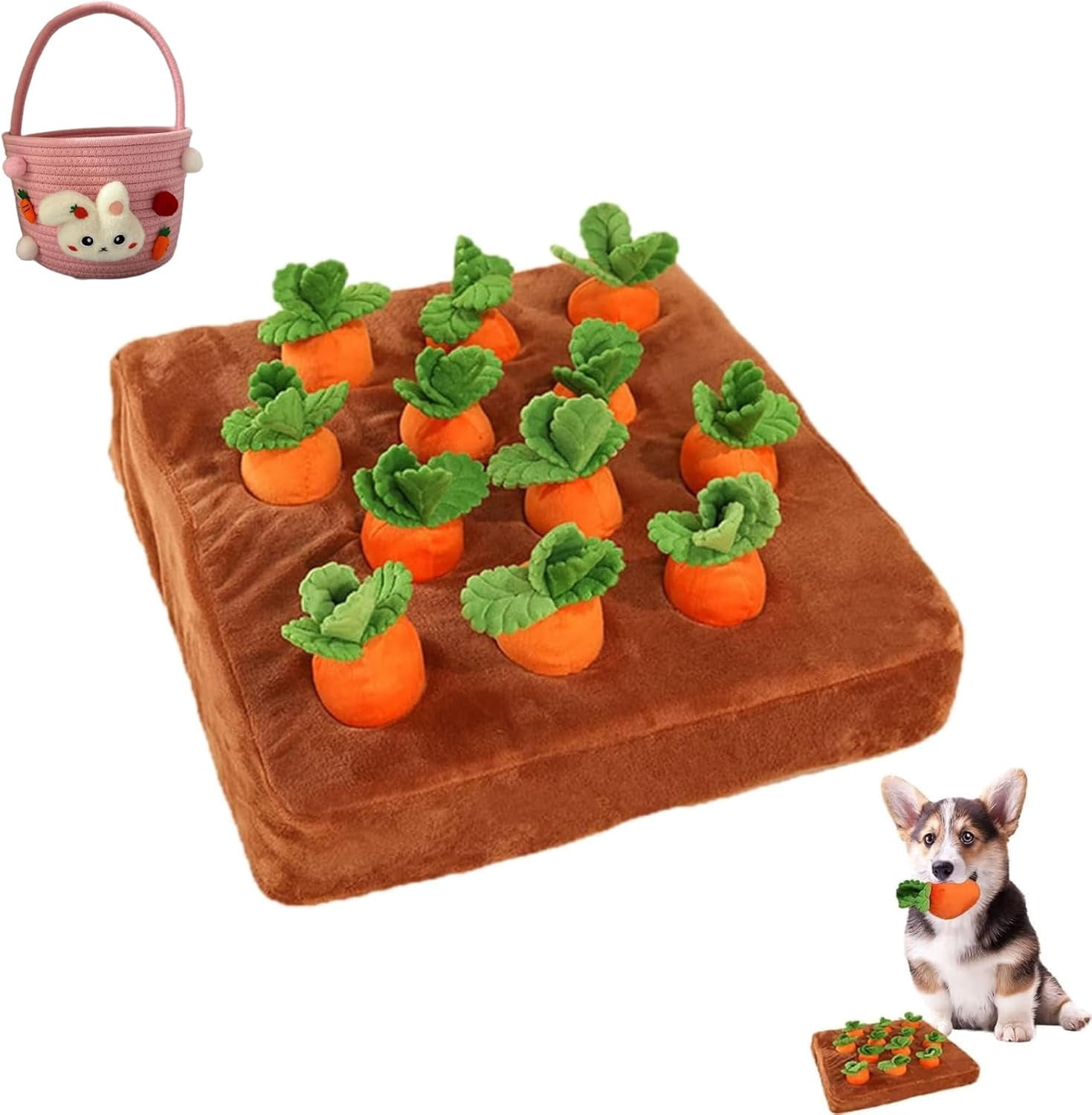 Interactive Dog Snuffle Mat with 12 Carrots, 2-in-1 Nosework Puzzle Toy for Dogs, Non-Slip Foraging Mat for Pet Stress Relief, Quiet Nose Work Training Game