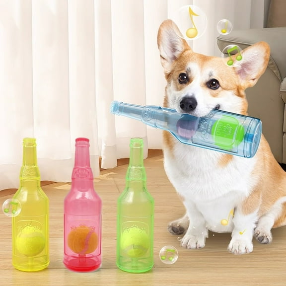 Interactive Dog Toys for Aggressive Chewers - Chew and Crunch Bottle Toy - Plastic Puppy Teething Toys for Teeth Cleaning and Entertainment - TPR Bottle with Tennis Ball Inside (Yellow, Large)