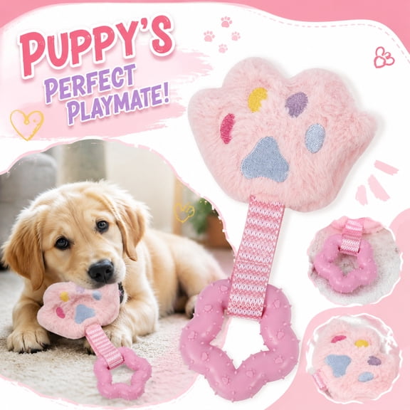 Puppy Teether Chew Toys, Interactive Dog Toys for Small Dogs, Oral Dog Toys for Puppies, Stuffed Plush Dog Toys, Pink Fluffy Paw Section with Colorful Decorative Pads, Star