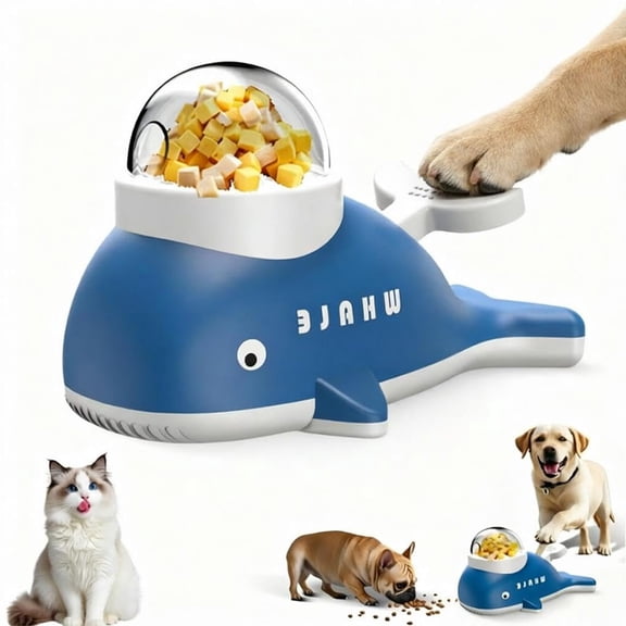 Interactive Dog Treat Dispenser Toy - Whale Shape Puzzle Feeder, Press Button & Rotating Design, White/Blue Slow Feeding Game for Dogs & Cats