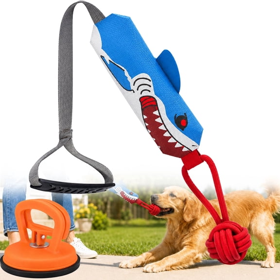 Interactive Dog Tug Toy for Indoor Outdoor Play for Small Medium Large Dogs, Shark Tug of War Dog Toy with Rope Handle, Suction Cup & Chew Ball for Training