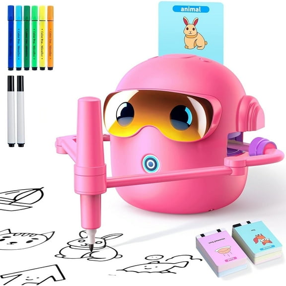 Drawing Robot for Kids, with 100 Word Cards, Voice Interactive Educational Drawing Machine, Montessori Painting Learning Toys for 3-8 Year Old Boys Girls Birthday Party,Pink