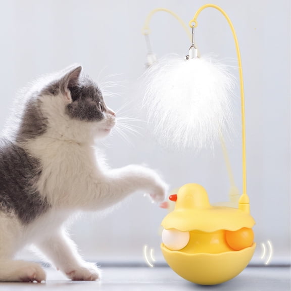 Interactive Duck Cat Toy, 360    Tilt-Resistant Tumbler with Dual Track Balls & Bell Feather Wand, Self-Play Kitten Toy for Indoor Cats - Stimulates Curiosity & Reduces Boredom