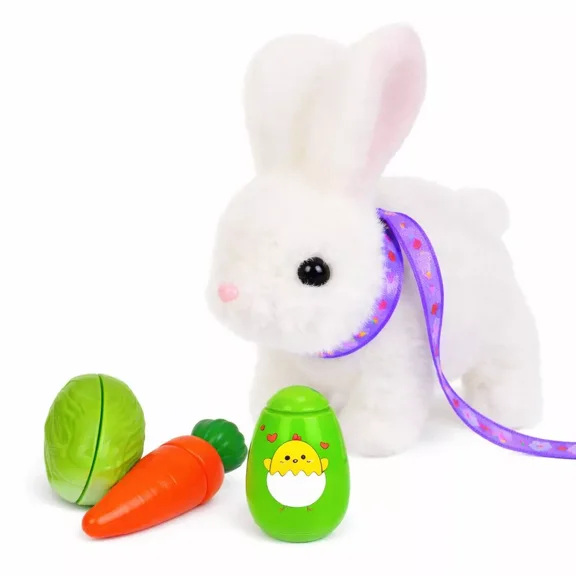 Interactive Easter Plush Bunny with Carrot Cabbage & Spinner Egg Toys, 6'' Walking Plush Bunny with Sounds & Twitching Ears Toy Gift Set for Toddlers