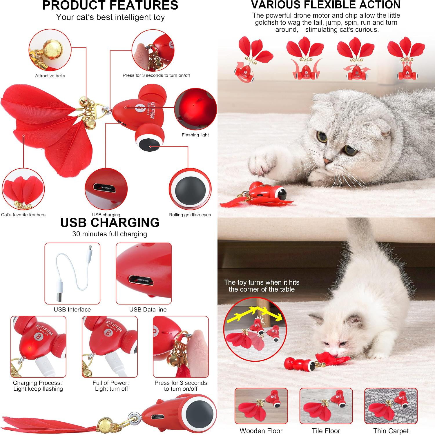 Interactive Electronic Feather Cat Toys with Bell and LED Light for