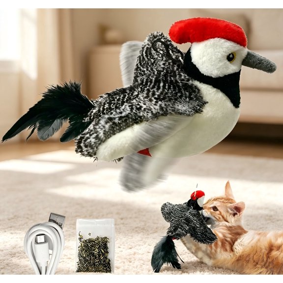 Interactive Flapping Woodpecker Cat Toy, TouchActivated Chirping Bird Toy with Catnip Packs, USB Rechargeable Plush Hunting Toy for Indoor Kittens & Small Dogs, No Flying