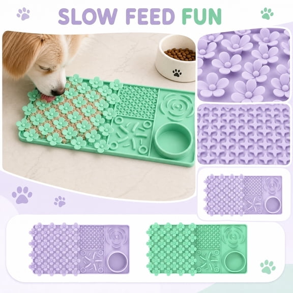 Interactive Flower Pattern Pet Lick Mat – Slow Feeding Pad for Dogs & Cats,Silicone Treat Mat for Bathing & Grooming,Calming Design,Green,Green