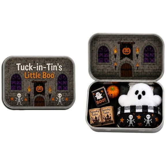 Interactive Ghost in Tin Box Halloween Miniature Play Kit Fluffy Plush Little Boo Ghost Figure Portable Metal Storage Case Pocket Quiet Time Travel Toy Vintage Halloween Mini Decor Party