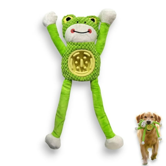 Interactive Green Frog Dog Toy with Slow Feed and Treat Hiding Plush and Rubber, 16.14 inches, Ideal for Mental Stimulation and Patience Training