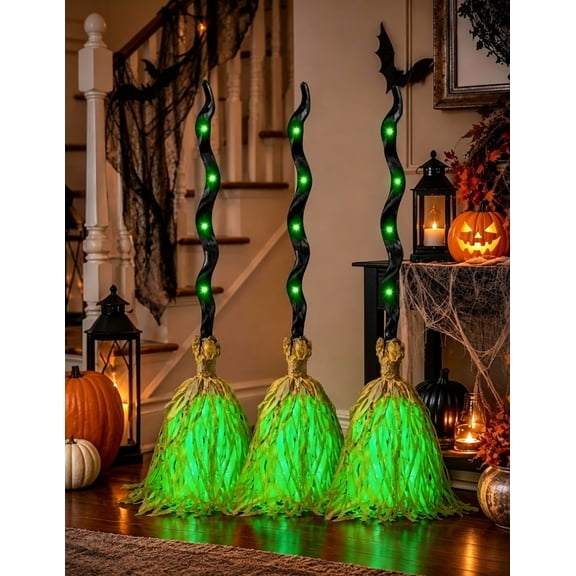 Interactive Halloween Moving Broom, Magic Animated Witch Broomstick, Light‑Sound‑Motion Dancing Floating Decor Prop with LED Lights for Haunted Porch, Living Room, Entryway, Indoor Outdoor