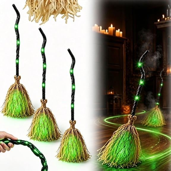Interactive Halloween Moving Broom, Magic Animated Witch Broomstick,Light‑Sound‑Motion Dancing Floating Decor Prop with LED Lights for Haunted Porch, Living Room, Entryway, Indoor Outdoor