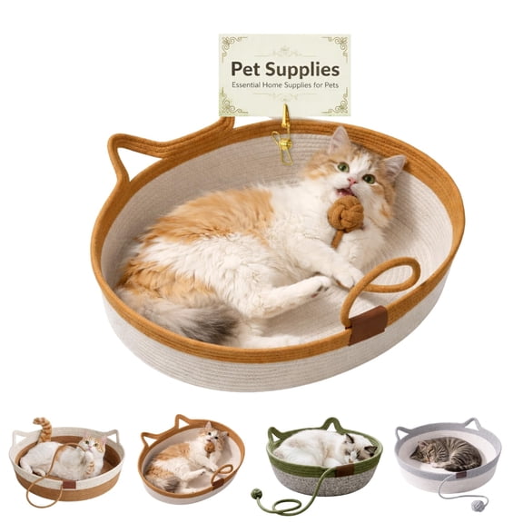 Interactive Hand‑Woven Cotton Rope Cat Bed Basket, Foldable Cat Nest with Attached Toy Ball, Multi‑Use Scratch‑Friendly Basket for Indoor Cats and Kittens