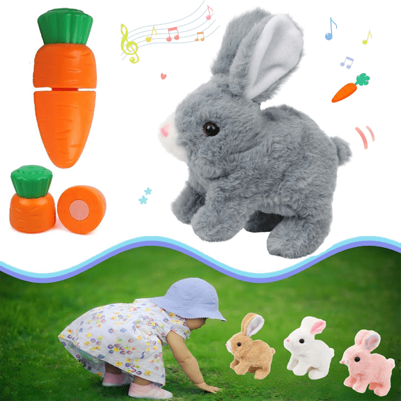 Interactive Hopping Bunny with Sound and Movement, Animated Walking Rabbit with Wiggle Ears and Nose Twitch, Soft Stuffed Bunny Decor with Carrot Accessory